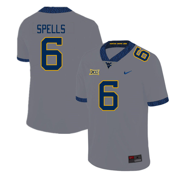 Men #6 Jacolby Spells West Virginia Mountaineers College Football Jerseys Stitched Sale-Gray